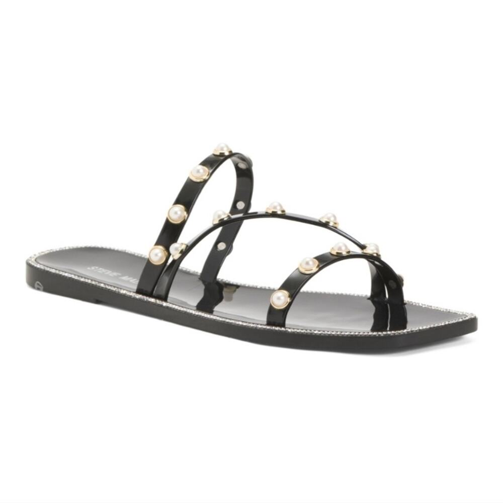 Steve Madden Black Nonii Pearl Embellishment Studded Square Toe Flat Sandal 10